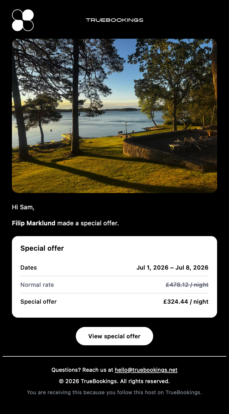 TrueBookings special offer email example sent to host followers showing property photo, offer dates, nightly rate, and View special offer button