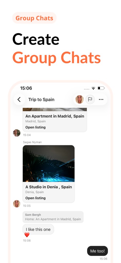 Group chat with listing cards for a trip