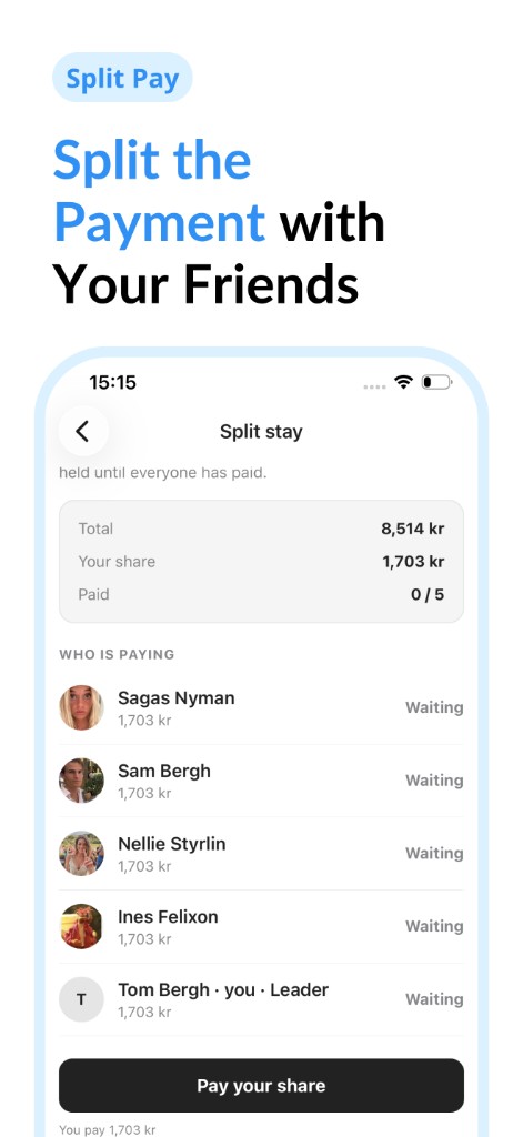 Split Pay screen showing each friend’s share of the stay